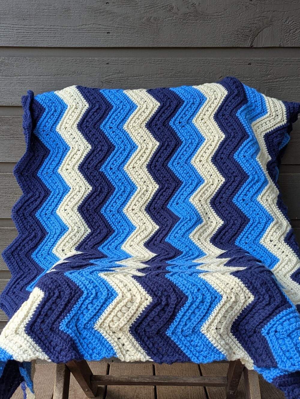 Handmade Chevron Crochet Throw Afghan Blanket Blueberry Cream 52" x 68"